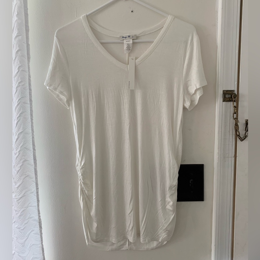 Brandy Blu Women Large White Maternity Top Short Sleeve V-Neck Side Ruched New